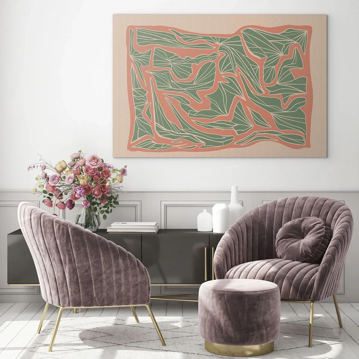 Obraz na szkle - Zielone liściaste formy otoczone koralową ramą na beżowym tle - 70x50cm - Zmagania koralu i zieleni - Nowoczesna dekoracja ścienna do salonu i sypialni ARTTOR