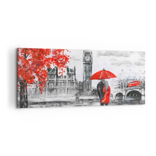 Obraz na płótnie - Romantyczna scena z Big Benem i czerwoną parasolką - 120x50cm - Zakochani w Londynie - Nowoczesna dekoracja ścienna do salonu i sypialni ARTTOR