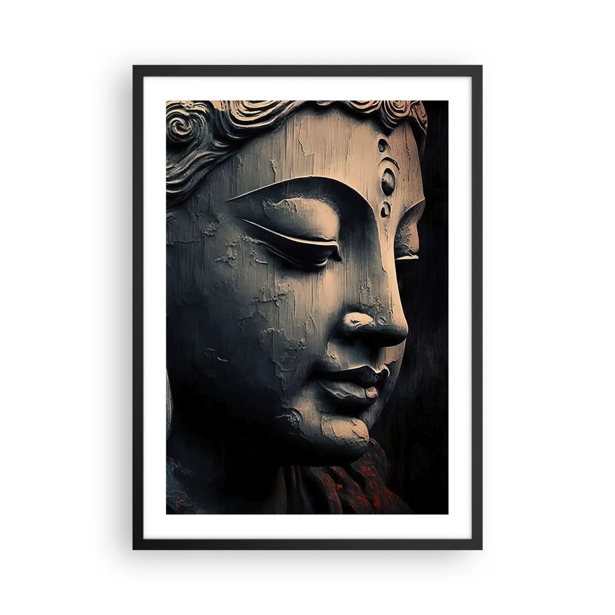 Plakat w czarnej ramie - Zbliżenie na rzeźbę Buddy w ciepłym świetle - 50x70cm - W zgodzie ze światem - Nowoczesna dekoracja ścienna do salonu i sypialni ARTTOR