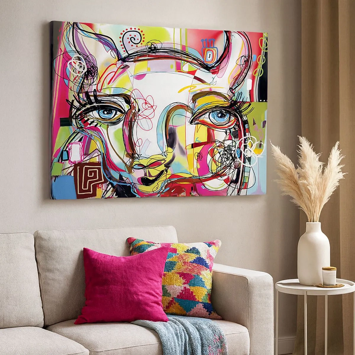 Obraz na płótnie - Kolorowy portret w abstrakcyjnym artystycznym stylu - 70x50cm - Bogactwo kociej matury - Nowoczesna dekoracja ścienna do salonu i sypialni ARTTOR