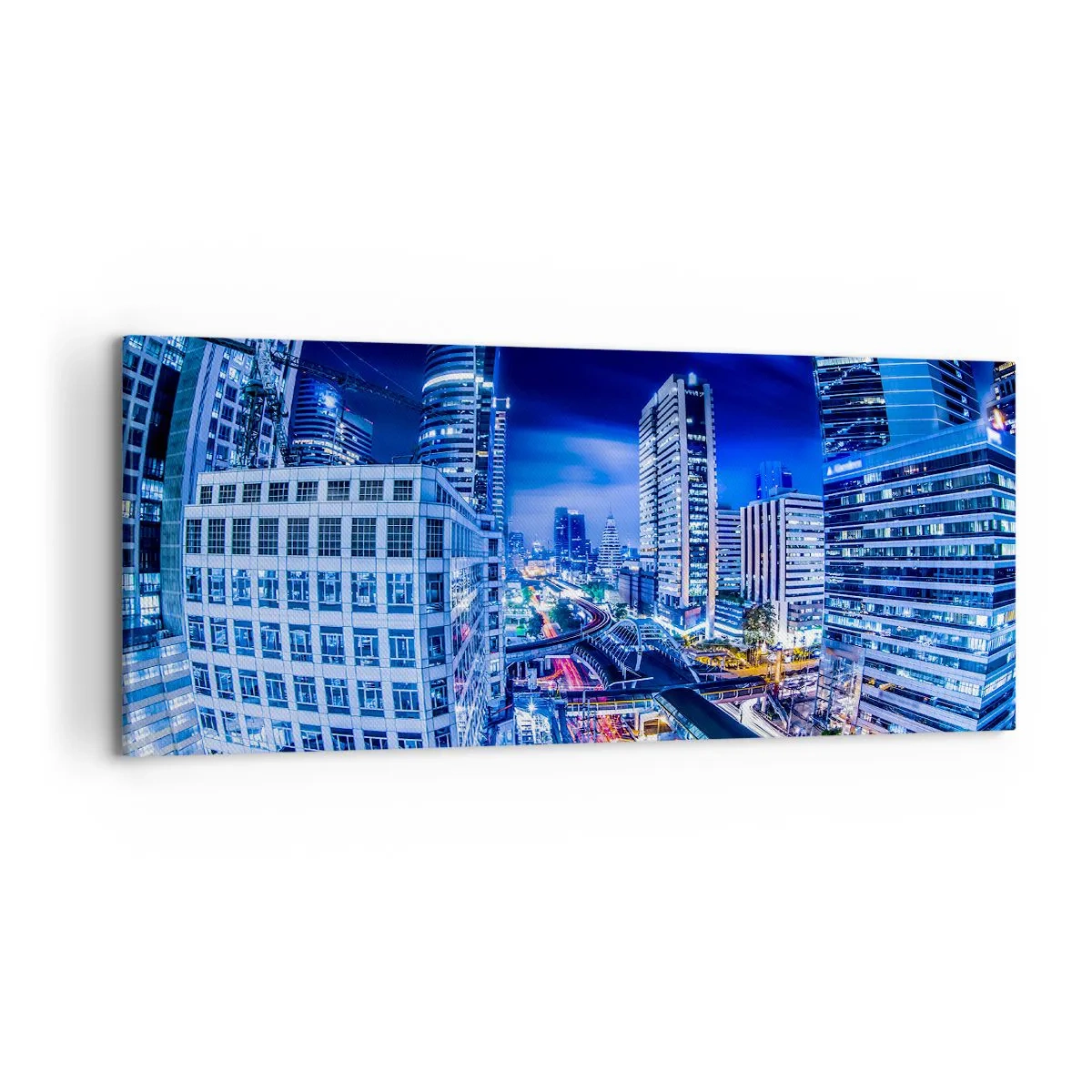 Obraz na płótnie - Nocna panorama miasta z drapaczami chmur i światłami ulic - 120x50cm - Rytmy nocnego miasta - Nowoczesna dekoracja ścienna do salonu i sypialni ARTTOR