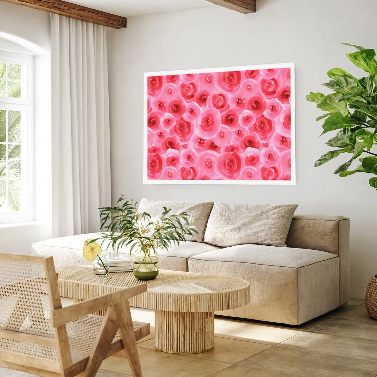 Plakat - Delikatne róże w pastelowych odcieniach różu - 100x70cm - Róże na dole i na górze - Nowoczesna dekoracja ścienna do salonu i sypialni ARTTOR