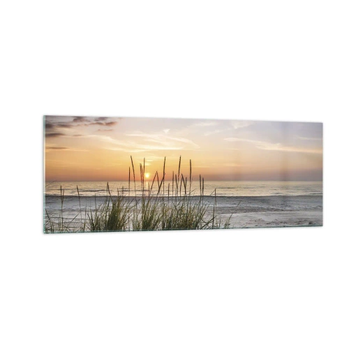 Obraz na szkle - Piaszczysta plaża o zachodzie słońca z trawami w tle - 140x50cm - Popatrz, pomyśl, poczuj - Nowoczesna dekoracja ścienna do salonu i sypialni ARTTOR