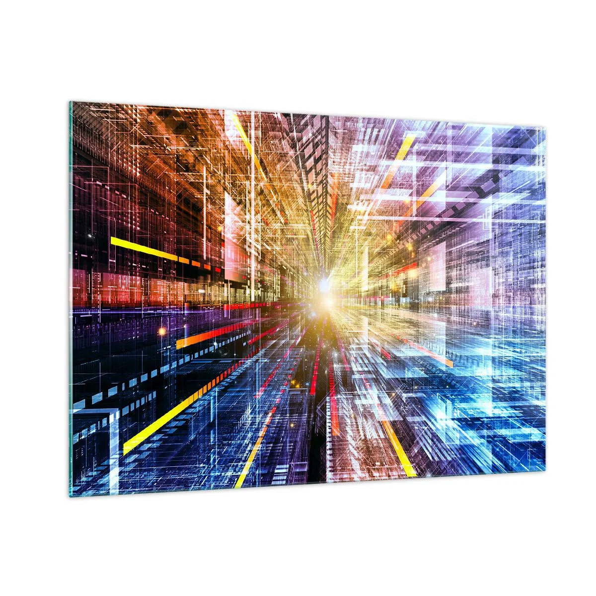 Obraz na szkle - Abstrakcyjna wizja z kolorowymi liniami i światłem - 100x70cm - Świetlny korytarz - Nowoczesna dekoracja ścienna do salonu, kuchni i sypialni ARTTOR
