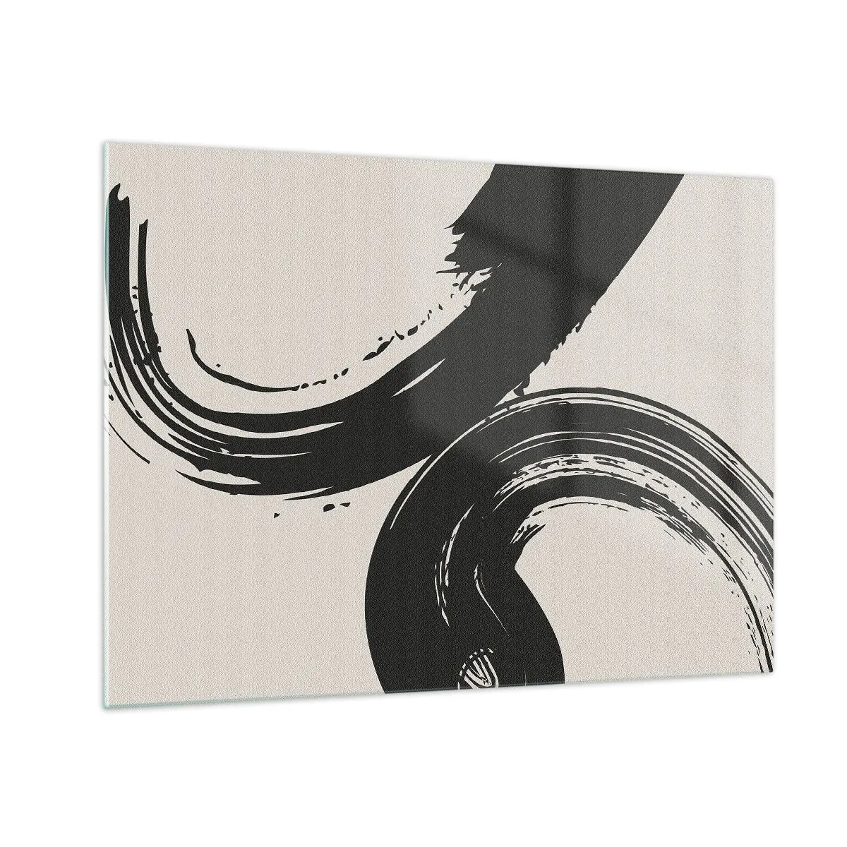 Obraz na szkle - Czarne, dynamiczne pociągnięcia pędzla w stylu kaligrafii na jasnym tle - 70x50cm - Zamaszyście i koliście - Nowoczesna dekoracja ścienna do salonu i sypialni ARTTOR