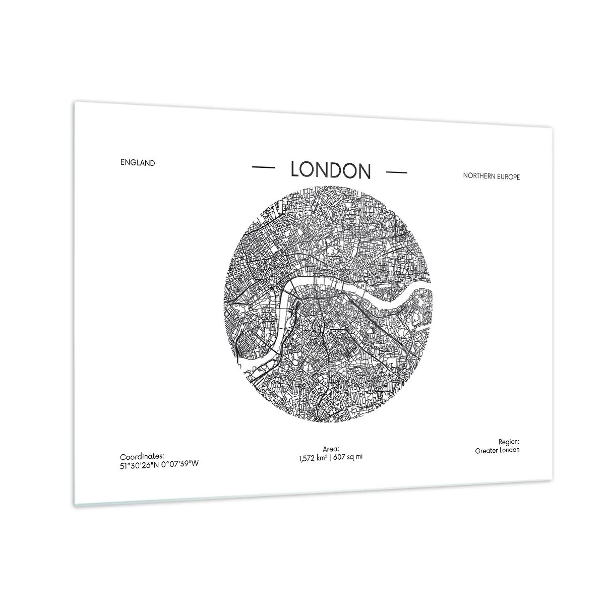 Obraz na szkle - Szczegółowa mapa Londynu w graficznym stylu czarno-białym - 70x50cm - Anatomia Londynu - Nowoczesna dekoracja ścienna do salonu i sypialni ARTTOR