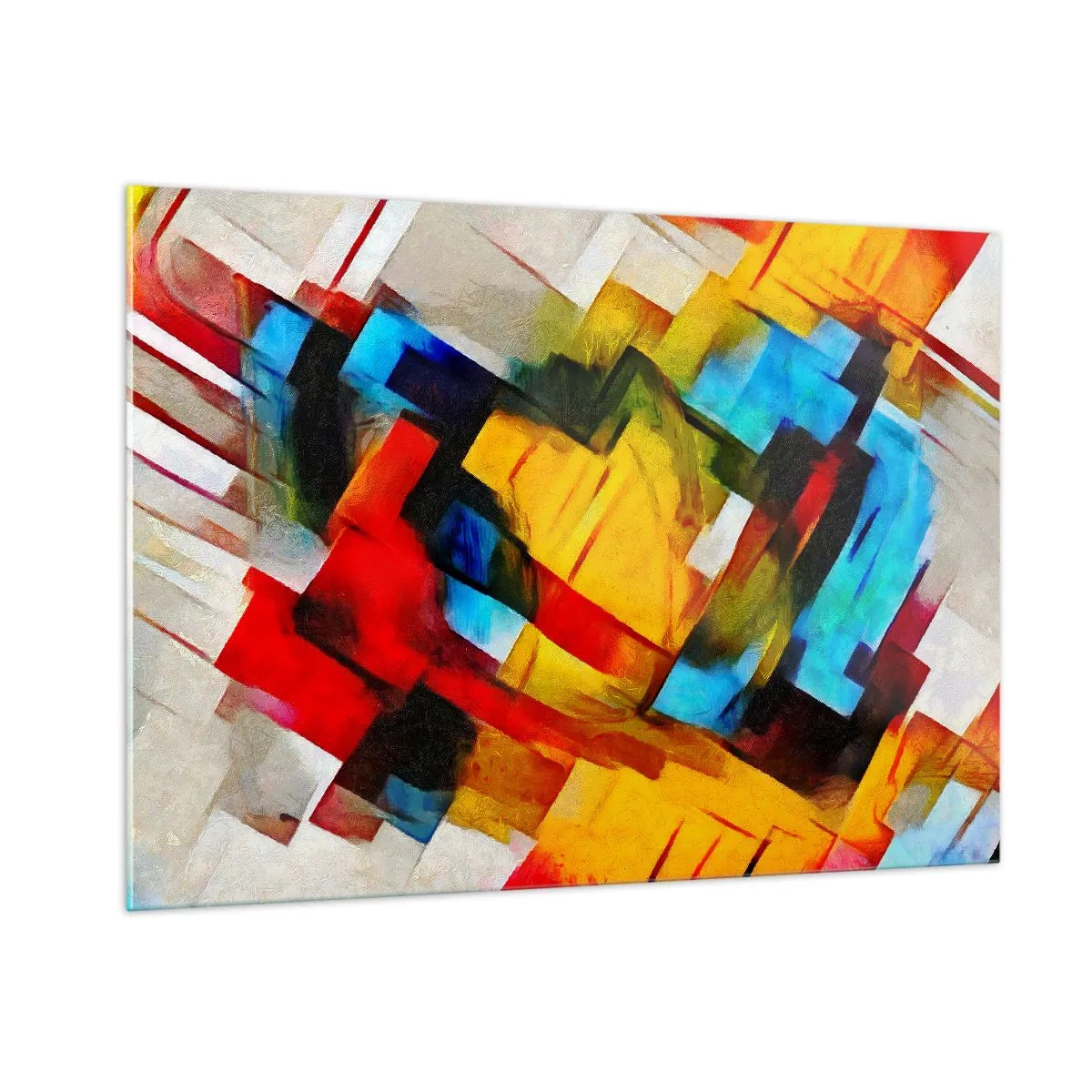 Obraz na szkle - Abstrakcyjna kompozycja geometrycznych kształtów - 100x70cm - Różnobarwny przekładaniec - Nowoczesna dekoracja ścienna do salonu, kuchni i sypialni ARTTOR