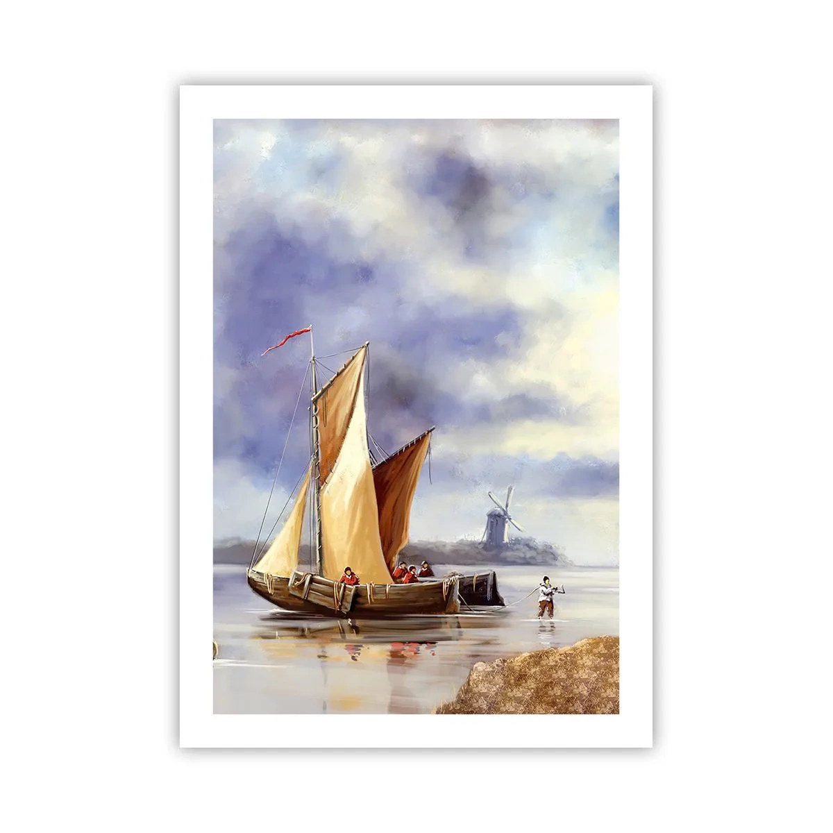 Plakat - Żaglowiec przy brzegu z wiatrakiem w tle - 50x70cm - Powrót żeglarzy - Nowoczesna dekoracja ścienna do salonu, kuchni i sypialni ARTTOR