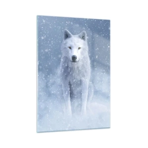 Obraz na szkle - Biały wilk w śnieżnej zamieci patrzący prosto - 50x70cm - W zimowym duchu - Nowoczesna dekoracja ścienna do salonu, kuchni i sypialni ARTTOR
