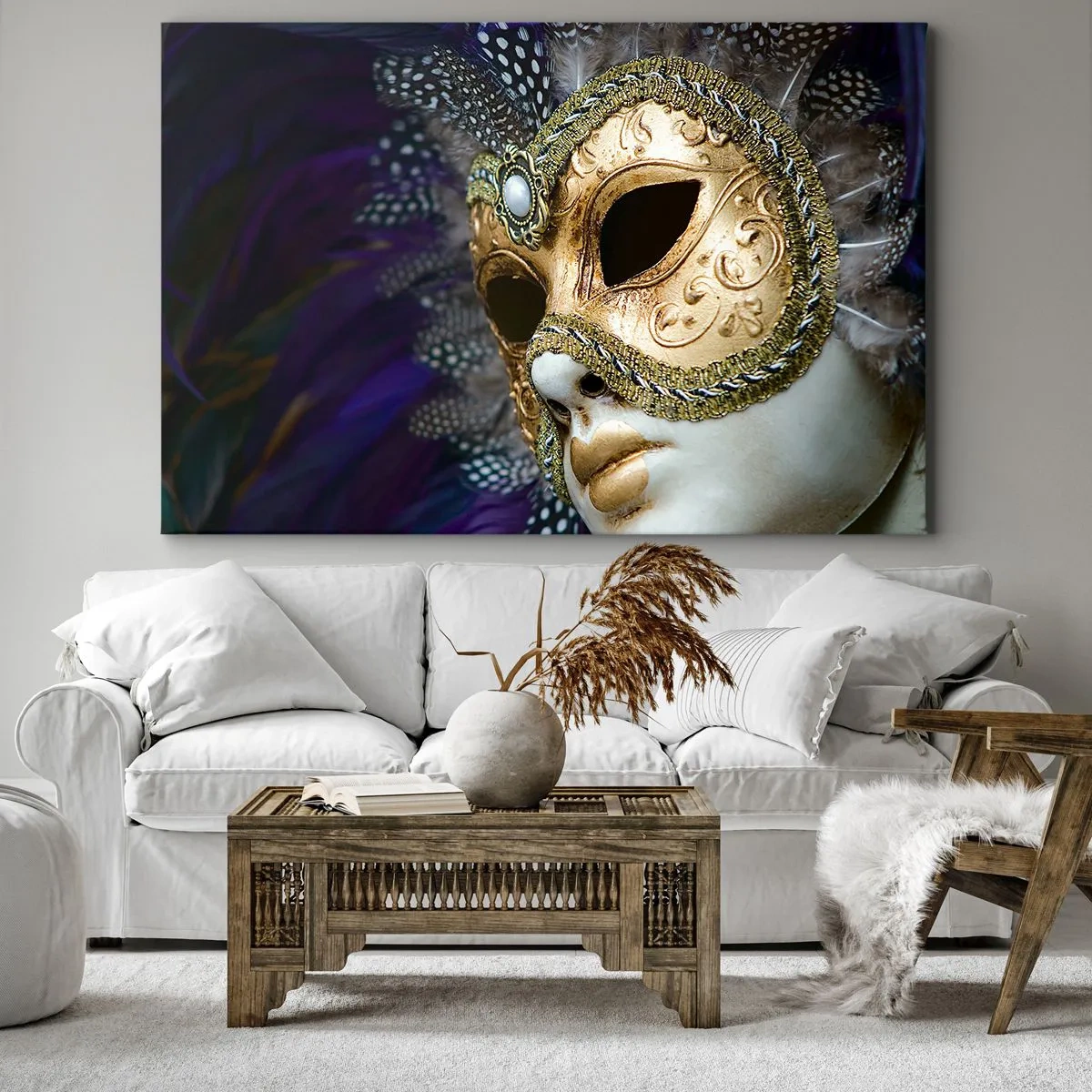Obraz na płótnie - Złota maska wenecka z ozdobnymi piórami i ornamentami - 120x80cm - Portret wenecki w złocie - Nowoczesna dekoracja ścienna do salonu, kuchni i sypialni ARTTOR