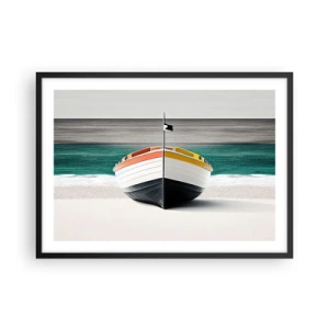 Plakat w czarnej ramie - Łódź na plaży z turkusowym morzem w tle - 70x50cm - Na swoim miejscu - Nowoczesna dekoracja ścienna do salonu i sypialni ARTTOR