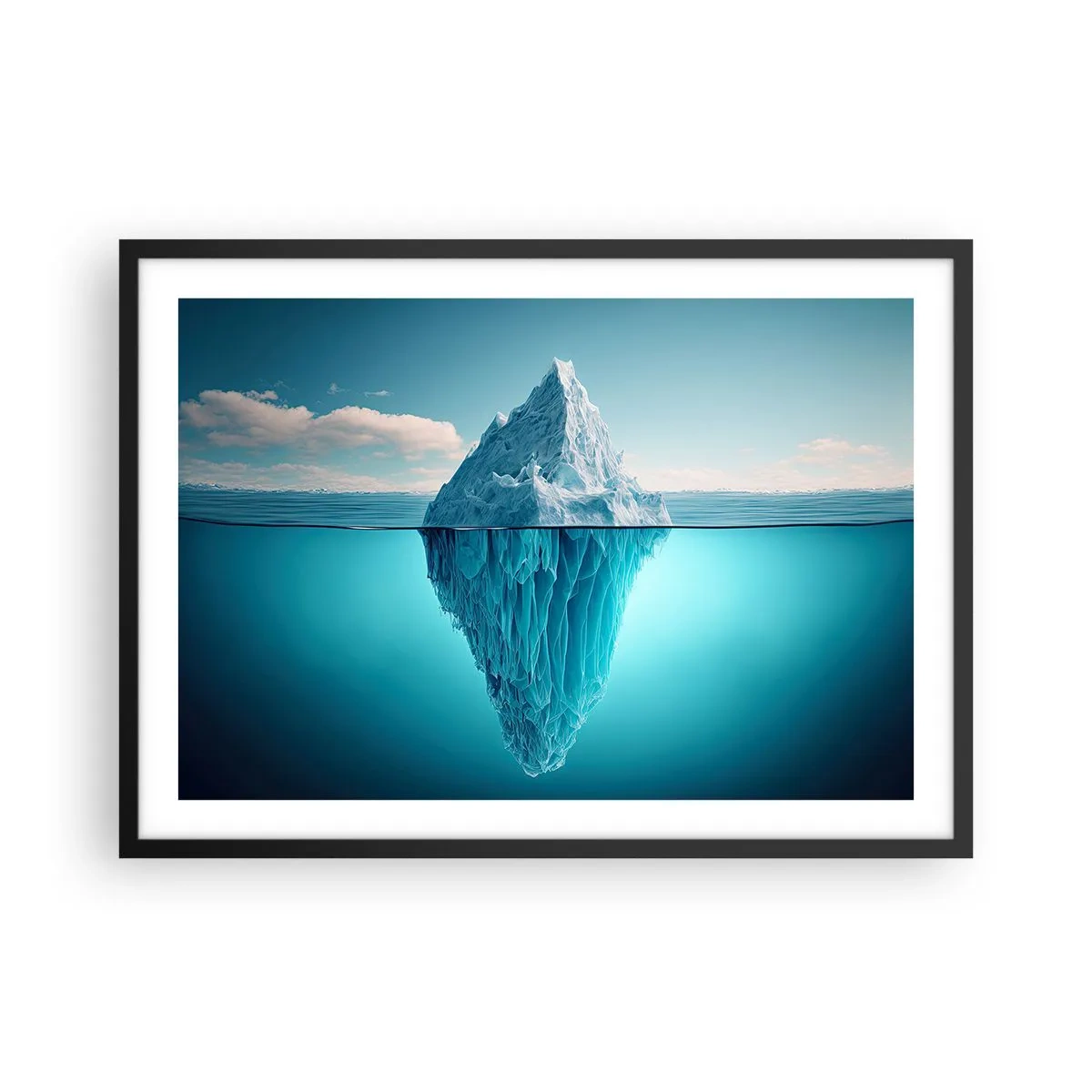Plakat w czarnej ramie - Góra lodowa widoczna nad i pod powierzchnią wody - 70x50cm - Królowa lodu - Nowoczesna dekoracja ścienna do salonu i sypialni ARTTOR