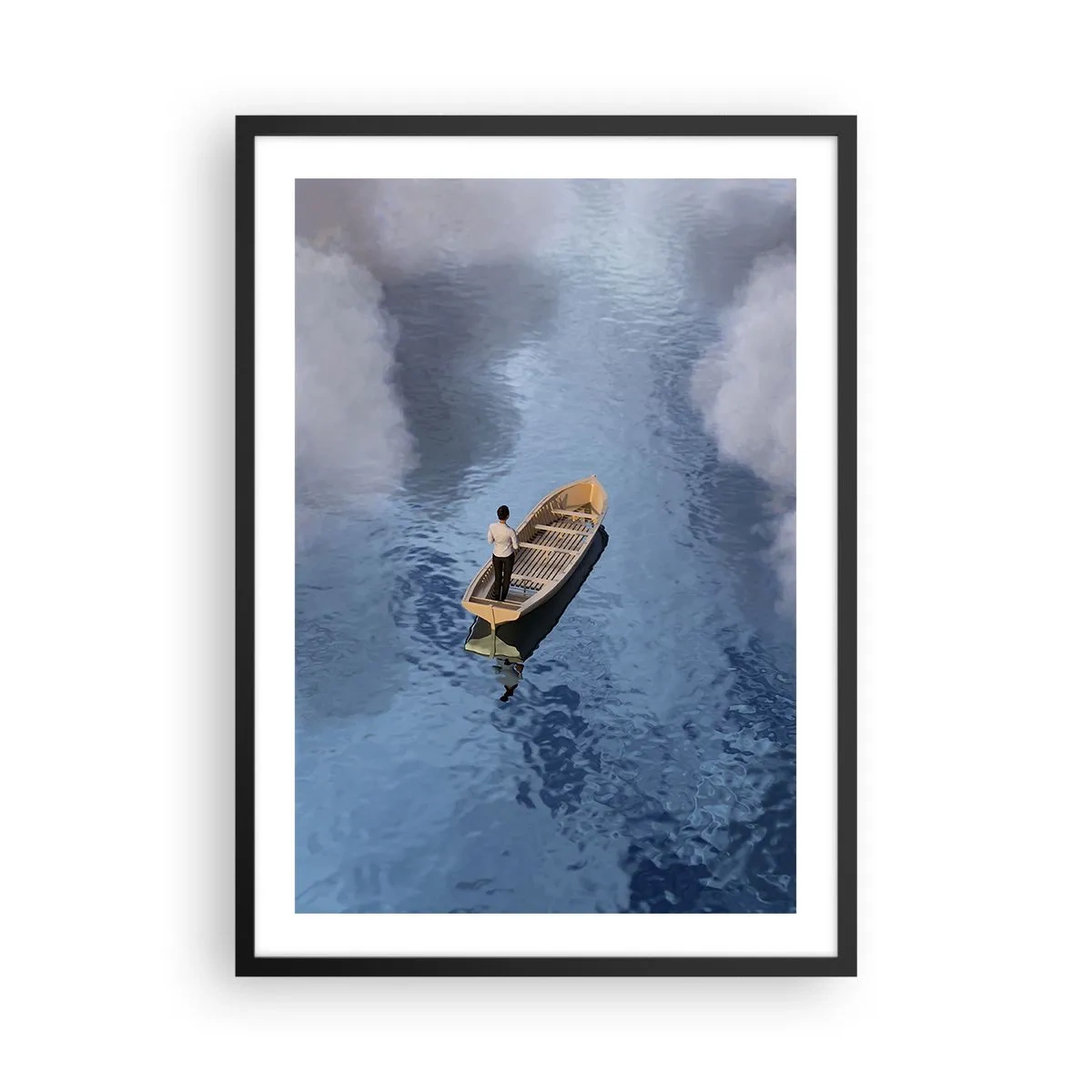 Plakat w czarnej ramie - Osoba w łódce płynąca po wodzie odbijającej niebo i chmury - 50x70cm - Życie – podróż – niewiadoma - Nowoczesna dekoracja ścienna do salonu i sypialni ARTTOR