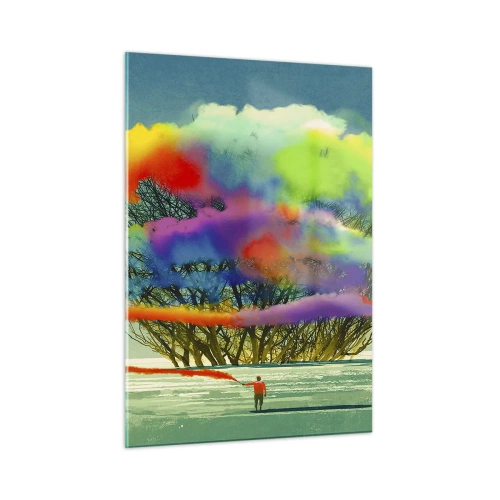 Obraz na szkle - Kolorowa eksplozja dymu na tle samotnego drzewa - 50x70cm - Ożywić ten świat - Nowoczesna dekoracja ścienna do salonu, kuchni i sypialni ARTTOR