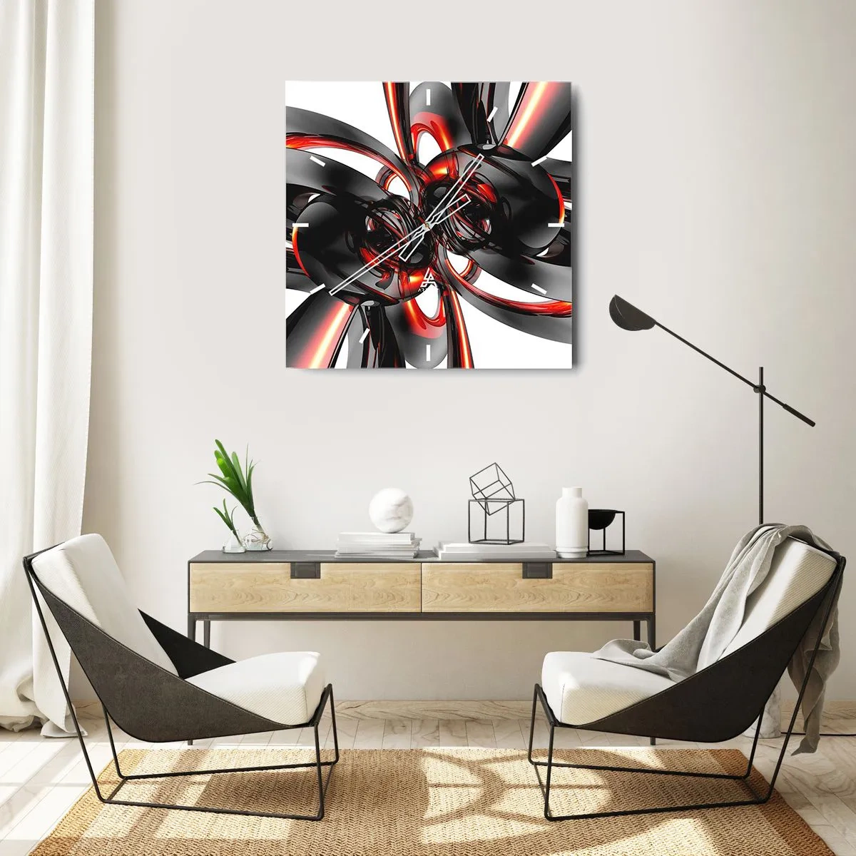 Zegar ścienny - Abstrakcyjna grafika 3D z czarnymi i czerwonymi elementami - 30x30cm - Ruch w graficie i czerwieni - Nowoczesna dekoracja ścienna do salonu i sypialni ARTTOR
