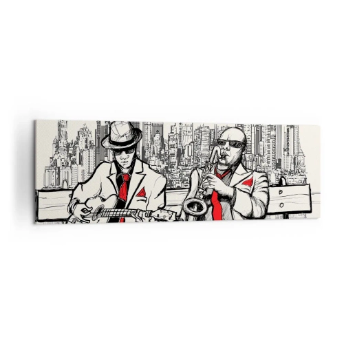 Obraz na płótnie - Jazzowy duet z saksofonem i gitarą na tle miasta - 160x50cm - Nowojorska improwizacja - Nowoczesna dekoracja ścienna do salonu i sypialni ARTTOR
