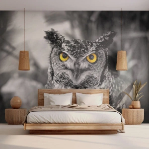 Fototapeta Premium Sand - Czarno-biała sowa z intensywnie żółtymi oczami - 100x70cm - Nic się nie ukryje - Nowoczesna dekoracja ścienna do salonu, kuchni i sypialni ARTTOR