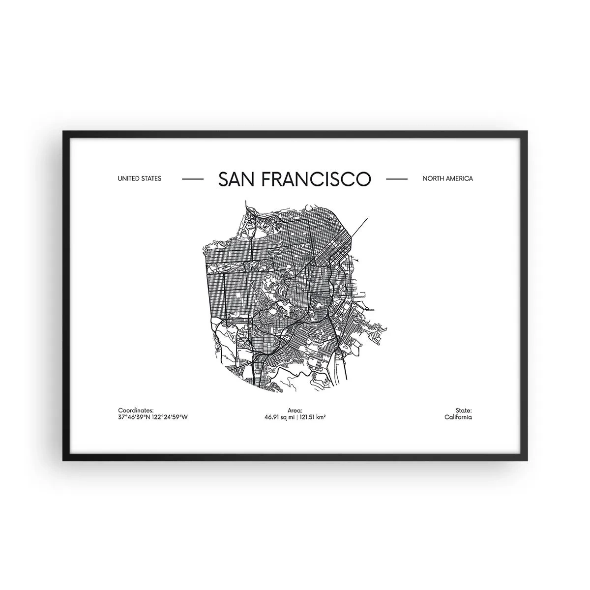 Plakat w czarnej ramie - Mapa San Francisco w czarno-białym stylu minimalistycznym - 100x70cm - Anatomia San Francisco - Nowoczesna dekoracja ścienna do salonu i sypialni ARTTOR