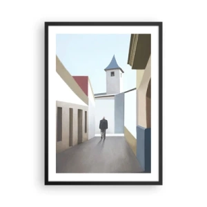Plakat w czarnej ramie - Minimalistyczna uliczka z samotnym przechodniem - 50x70cm - Słoneczny spacer - Nowoczesna dekoracja ścienna do salonu i sypialni ARTTOR
