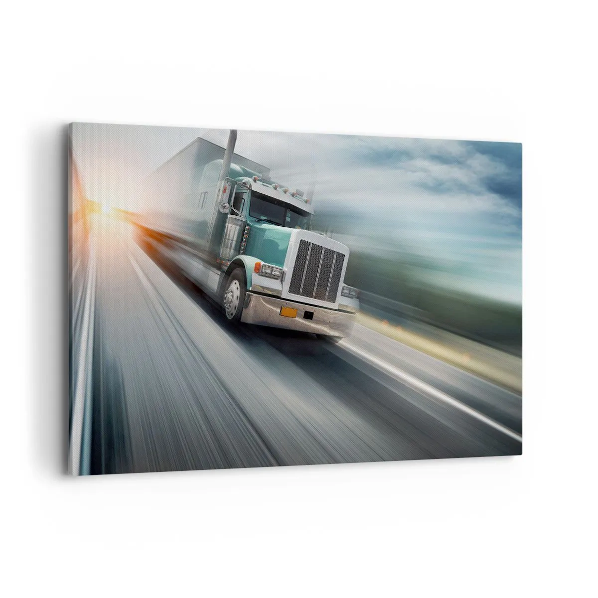 Obraz na płótnie - Ciężarówka na autostradzie w ruchu przy zachodzie słońca - 120x80cm - Amerykański olbrzym w pędzie - Nowoczesna dekoracja ścienna do salonu, kuchni i sypialni ARTTOR