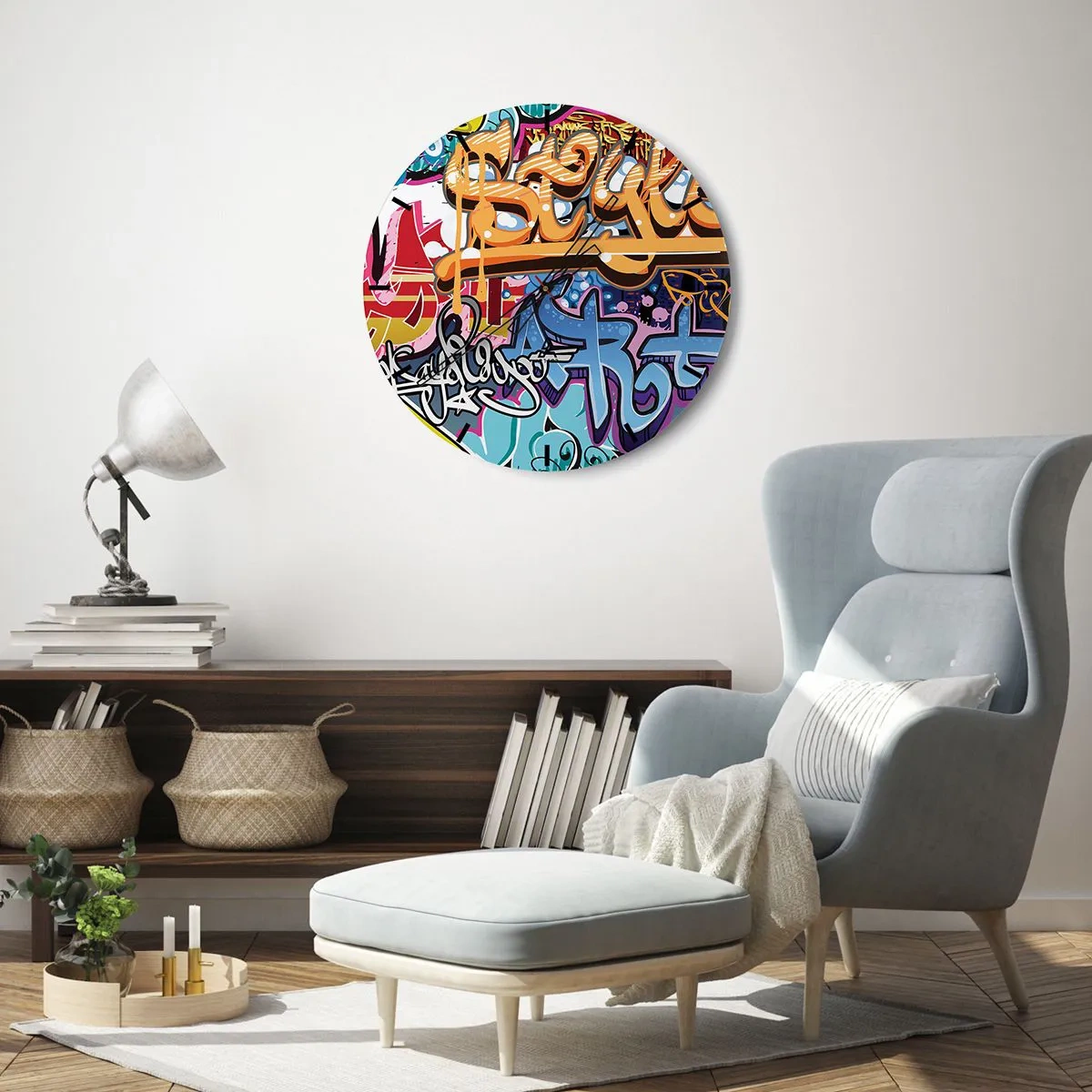 Zegar ścienny - Tarcza zegara z motywem graffiti w jaskrawych kolorach - 30x30cm - Murale, murale, murale… - Nowoczesna dekoracja ścienna do salonu, kuchni i sypialni ARTTOR