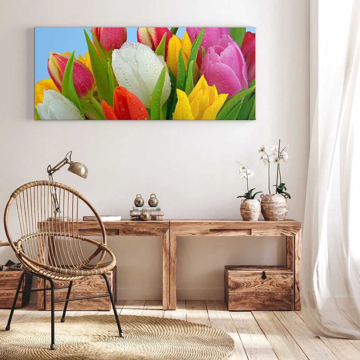 Obraz na płótnie - Kwiatowa tęcza w kroplach rosy - 100x40 cm
