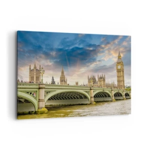 Obraz na płótnie - Big Ben i Westminster Bridge na tle nieba o zmierzchu - 120x80cm - Czas stanął w Imperium - Nowoczesna dekoracja ścienna do salonu, kuchni i sypialni ARTTOR