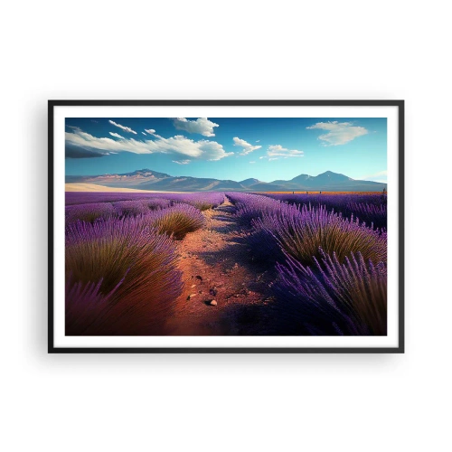 Plakat w czarnej ramie - Lawendowe pole z widokiem na góry i błękitne niebo - 100x70cm - Pachnące pola - Nowoczesna dekoracja ścienna do salonu i sypialni ARTTOR
