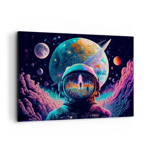 Obraz na płótnie - Astronauta w kosmosie z kolorowym pejzażem planetarnym - 100x70cm - Filozofom się nie śniło - Nowoczesna dekoracja ścienna do salonu, kuchni i sypialni ARTTOR
