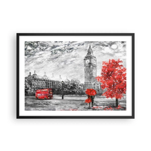 Plakat w czarnej ramie - Ikoniczny widok Londynu z Big Benem, czerwonym autobusem i parasolką - 70x50cm - Ekscytujący dzień - Nowoczesna dekoracja ścienna do salonu i sypialni ARTTOR