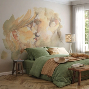 Fototapeta Premium Sand - Akwarelowa ilustracja całującej się pary w ciepłych tonach - 100x70cm - Odnaleziona połowa? - Nowoczesna dekoracja ścienna do salonu, kuchni i sypialni ARTTOR