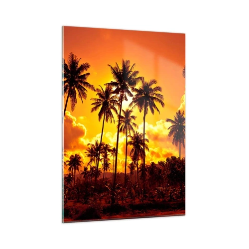 Obraz na szkle - Palmy na tle ognistego zachodu słońca - 50x70cm - Płoną góry, płoną lasy - Nowoczesna dekoracja ścienna do salonu, kuchni i sypialni ARTTOR