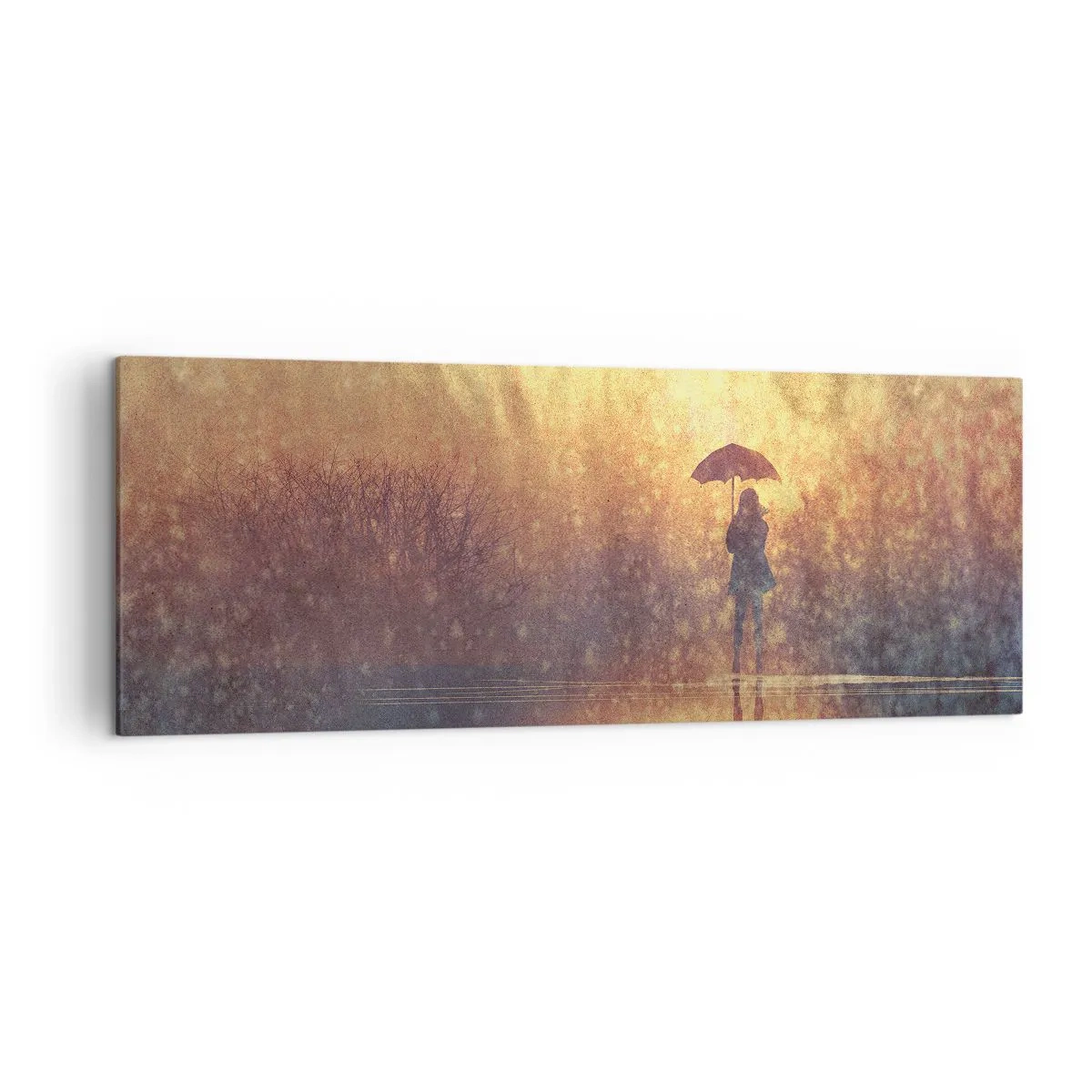 Obraz na płótnie - Postać z parasolem w mglistym krajobrazie pełnym refleksji - 140x50cm - Czuję, że ktoś na mnie patrzy - Nowoczesna dekoracja ścienna do salonu i sypialni ARTTOR