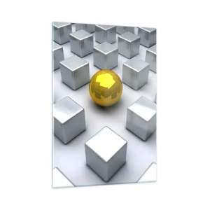 Obraz na szkle - Złota kula otoczona srebrnymi sześcianami - 50x70cm - Dlaczego ja? Kompozycja geometryczna - Nowoczesna dekoracja ścienna do salonu, kuchni i sypialni ARTTOR