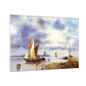 Obraz na szkle - Żaglówki na spokojnym jeziorze z wiatrakami w tle - 100x70cm - Powrót żeglarzy - Nowoczesna dekoracja ścienna do salonu, kuchni i sypialni ARTTOR