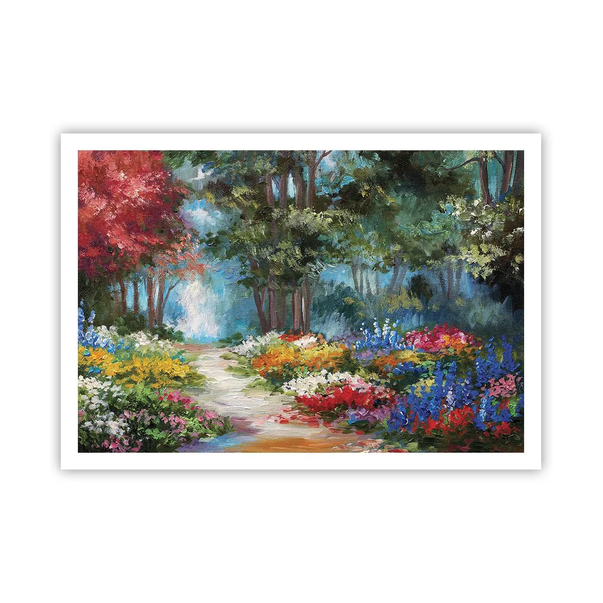 Plakat - Malowniczy ogród pełen kolorowych kwiatów i drzew w leśnej scenerii - 100x70cm - Leśny ogród, kwietny las - Nowoczesna dekoracja ścienna do salonu i sypialni ARTTOR