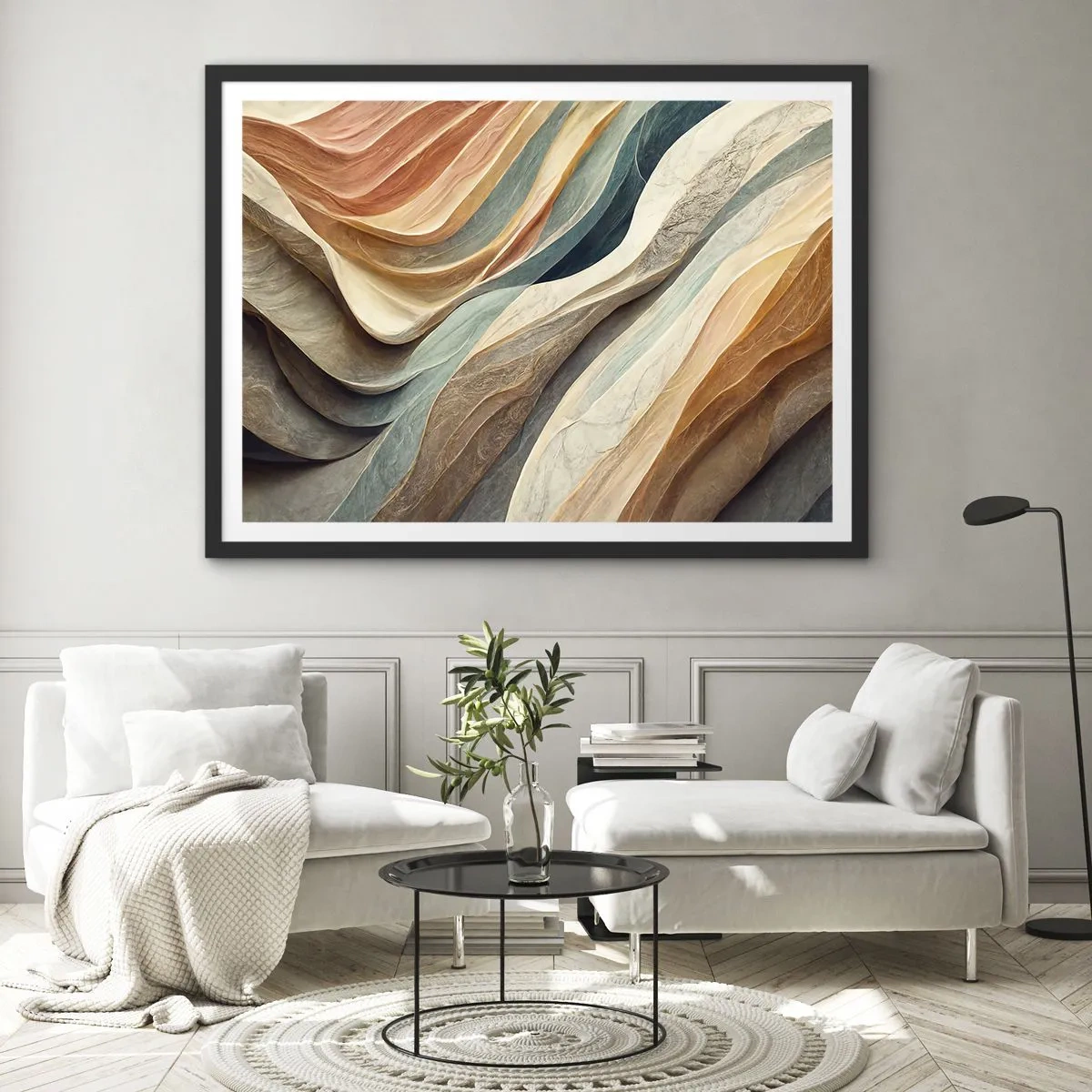 Plakat w czarnej ramie - Abstrakcyjne fale w pastelowych odcieniach - 70x50cm - Chwila przed zmianą - Nowoczesna dekoracja ścienna do salonu i sypialni ARTTOR