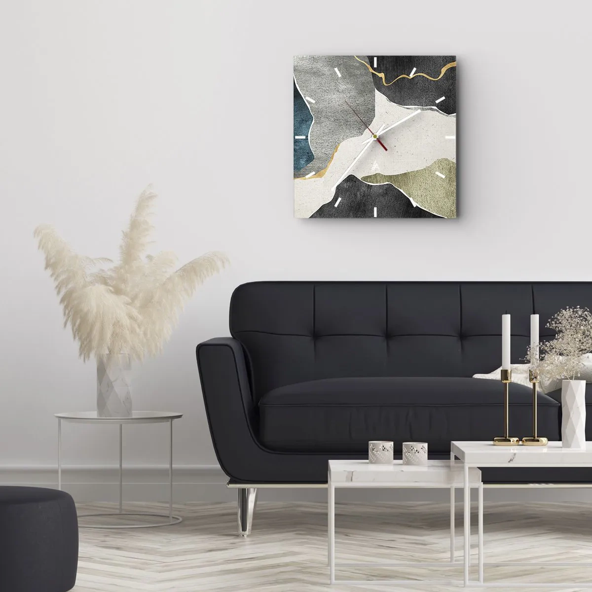 Zegar ścienny - Geometryczne formy w odcieniach szarości, zieleni i złota - 30x30cm - Mozaikowa kompozycja z nitką złota - Nowoczesna dekoracja ścienna do salonu i sypialni ARTTOR
