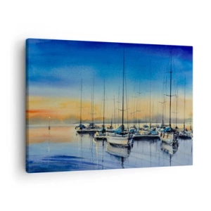 Obraz na płótnie - Port jachtowy o zachodzie słońca z odbiciami na wodzie - 70x50cm - Koniec dobrego dnia - Nowoczesna dekoracja ścienna do salonu i sypialni ARTTOR
