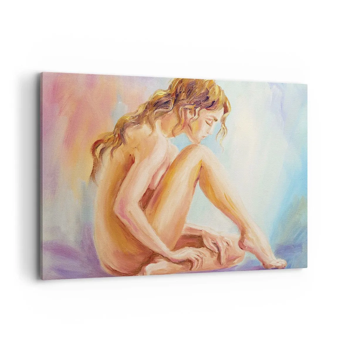 Obraz na płótnie - Delikatna postać kobiety na pastelowym tle - 100x70cm - Akt młodości - Nowoczesna dekoracja ścienna do salonu, kuchni i sypialni ARTTOR