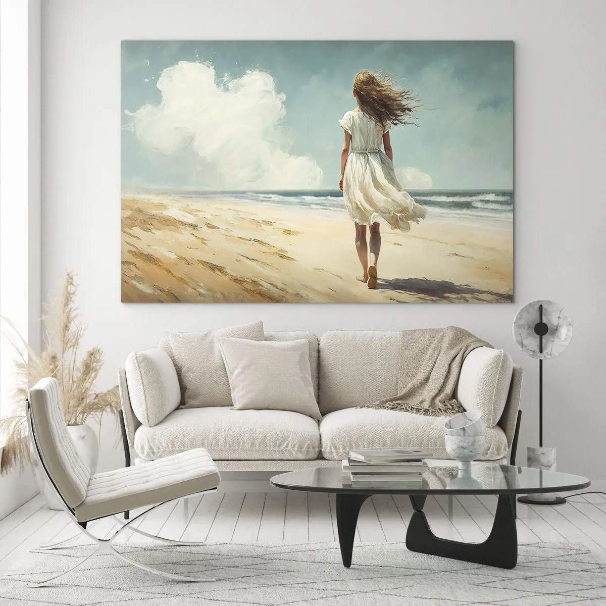 Obraz na szkle - Kobieta w białej sukience idąca boso po słonecznej plaży - 70x50cm - Na spotkanie słońca i wiatru - Nowoczesna dekoracja ścienna do salonu i sypialni ARTTOR