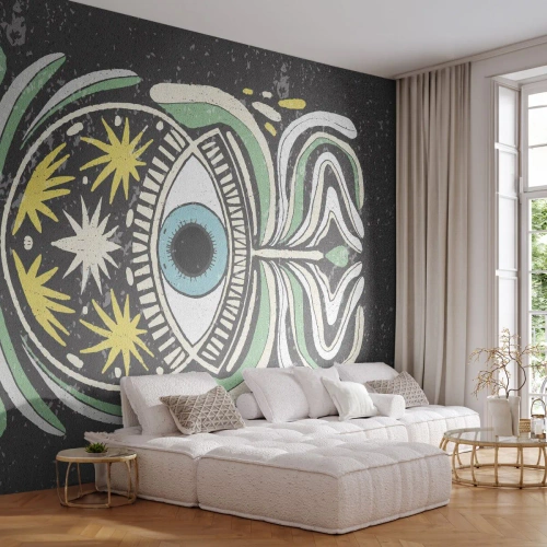 Fototapeta Premium Sand - Symboliczne oko w stylu plemiennym na ciemnym tle - 100x70cm - Plemienne rytuały - Nowoczesna dekoracja ścienna do salonu, kuchni i sypialni ARTTOR