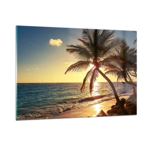 Obraz na szkle - Tropikalna plaża z palmami w świetle zachodzącego słońca - 120x80cm - Lato pod palmami - Nowoczesna dekoracja ścienna do salonu, kuchni i sypialni ARTTOR