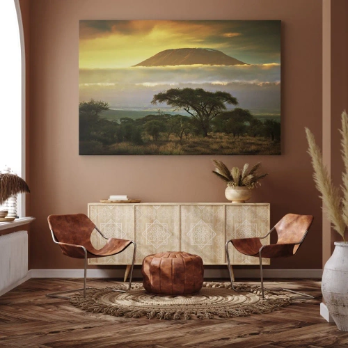 Obraz na płótnie - Afrykański krajobraz z Kilimandżaro o wschodzie słońca - 120x80cm - Sen podróżnika - Nowoczesna dekoracja ścienna do salonu, kuchni i sypialni ARTTOR