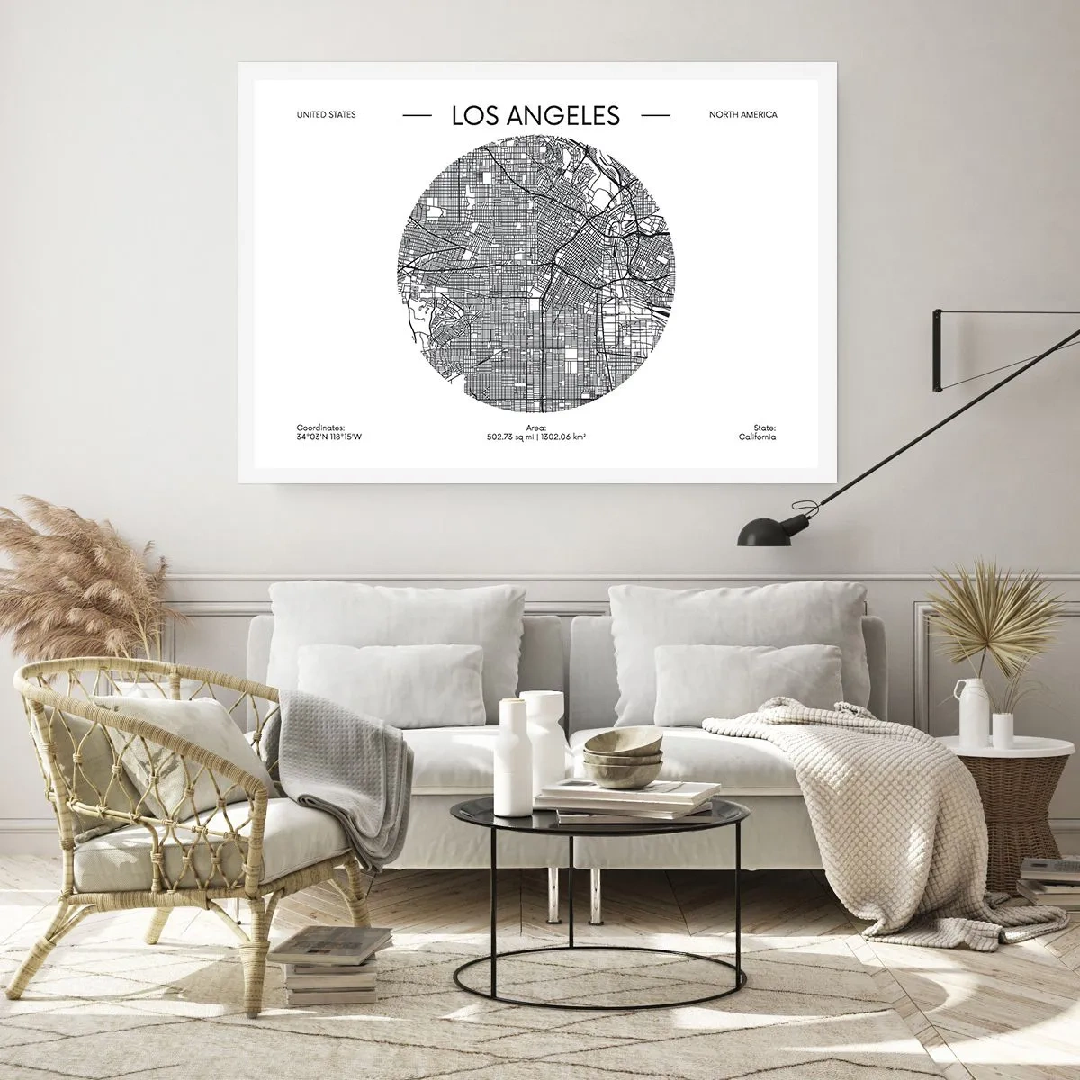 Plakat - Mapa Los Angeles w minimalistycznym, czarno-białym stylu - 100x70cm - Anatomia Los Angeles - Nowoczesna dekoracja ścienna do salonu i sypialni ARTTOR