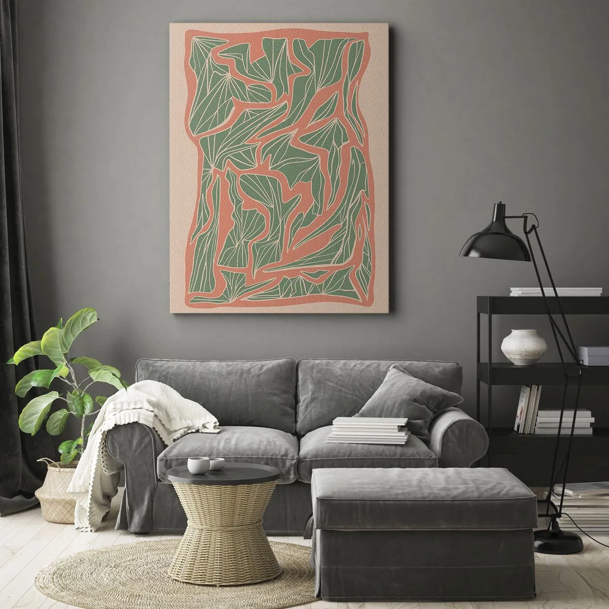 Obraz na płótnie - Stylizowane liście na tle w odcieniach koralu i beżu - 50x70cm - Zmagania koralu i zieleni - Nowoczesna dekoracja ścienna do salonu, kuchni i sypialni ARTTOR