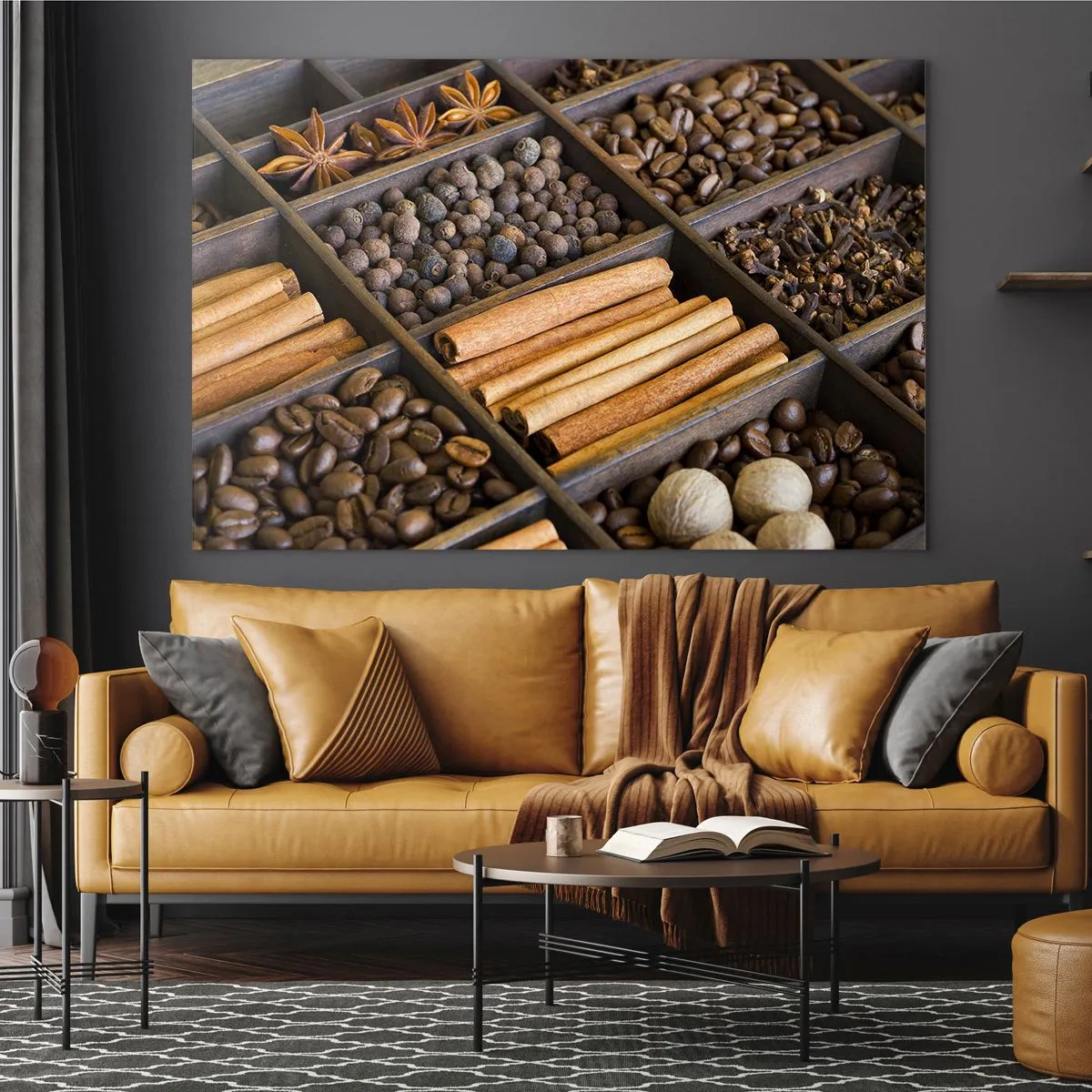 Obraz na szkle - Przyprawy w drewnianych przegródkach - 70x50cm - Skarbiec aromatów - Nowoczesna dekoracja ścienna do salonu i sypialni ARTTOR