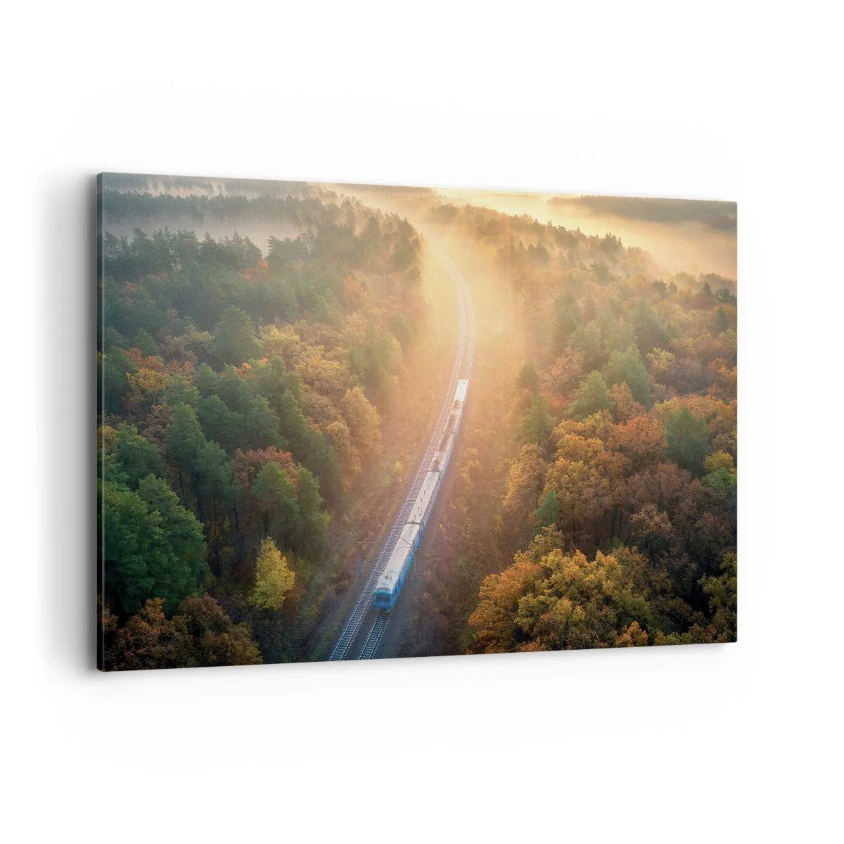 Obraz na płótnie - Pociąg w jesiennym lesie o świcie - 100x70cm - Jesienna podróż - Nowoczesna dekoracja ścienna do salonu, kuchni i sypialni ARTTOR
