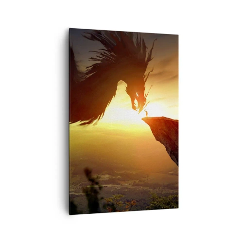 Obraz na płótnie - Smok i człowiek na skale w blasku zachodzącego słońca - 80x120cm - Pogromca smoka - Nowoczesna dekoracja ścienna do salonu i sypialni ARTTOR