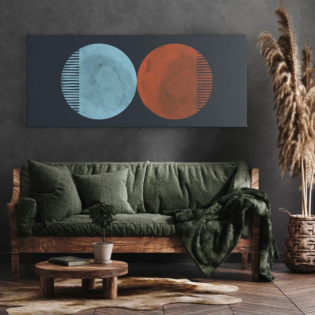 Obraz na płótnie - Minimalistyczne dwa koła w kolorach niebieskim i pomarańczowym - 160x50cm - Tylko geometria? - Nowoczesna dekoracja ścienna do salonu i sypialni ARTTOR